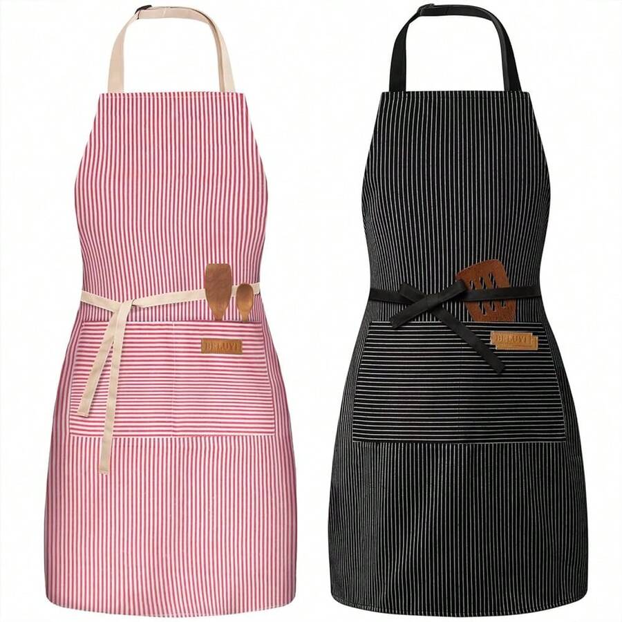 2 Pack Adjustable Bib Apron With 2 Pockets Chef CooFKing Kitchen Restaurant Aprons For Women Men,Red/BlackPinstripes - 紅/黑細條紋 - 查看 1