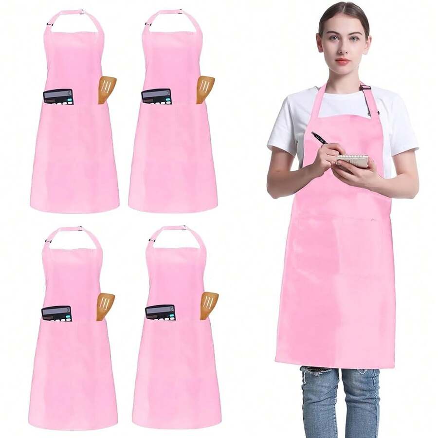 4 Pack Chef Apron, Adjustable Apron With 2 Pockets, Unisex Personalised Apron For CooFKing, Kitchen, Restaurant,Pink - Pink - 查看 1