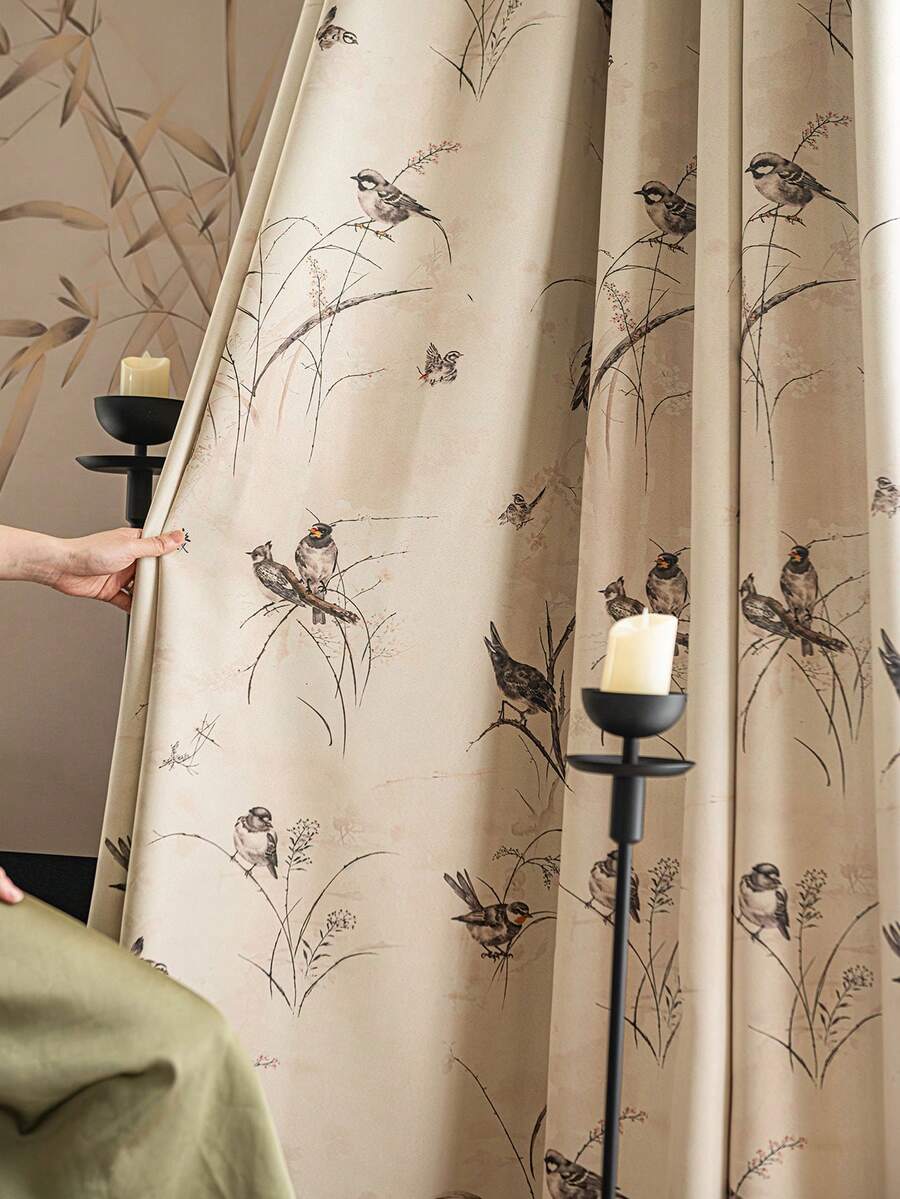 1pc Premium High Blackout Thick Black & Gold Bottom Reed Bird Design Curtain, Versatile Hanging, Suitable For Villa, Farmhouse, Balcony, Living Room, Bedroom, 350gsm High Density