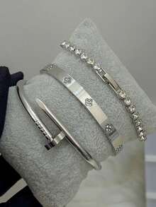 3 件套不锈钢钉子配三叶草吊饰手链套装，适合女性日常佩戴、圣诞礼物、节日礼物 - SGS079 - 查看 18