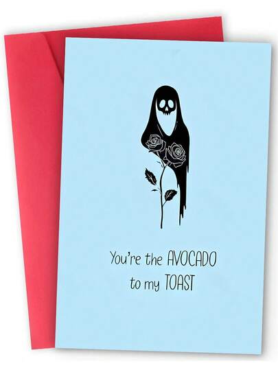 1张精美“牛油果配吐司”情人节贺卡。包含信封和优质纸张。俏皮的死神与玫瑰图案设计。完美表达爱意——送给伴侣的理想之选（12厘米/4.7英寸 x 17厘米/6.7英寸）
