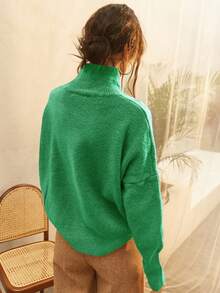 Knit Mix Women Solid High Neck Drop Shoulder Jumper - Green - View 3
