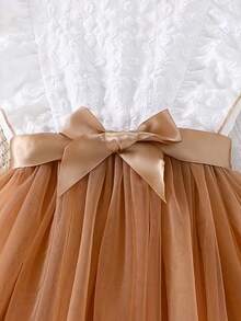 Young Girl Summer Ruffle Trim Mesh Flare Hem Belted Dress - Brown - View 3