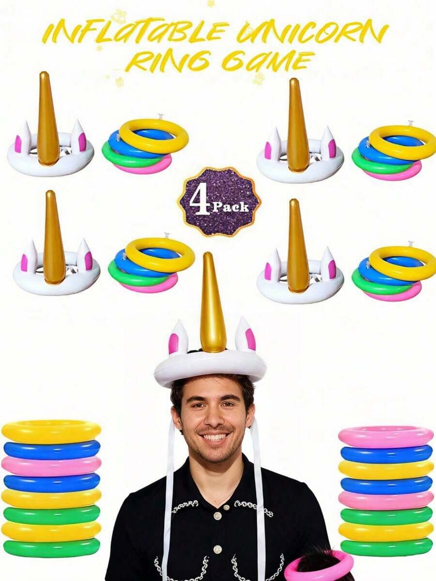 4/2/1set-Unicorn Party Games, Inflatable Ring Toss Game Set Unicorn And Toss Rings, Party Game Favors Party Decoration Adult Team Game,Teamwork Activities, 2026 Happy New Year Party Packs