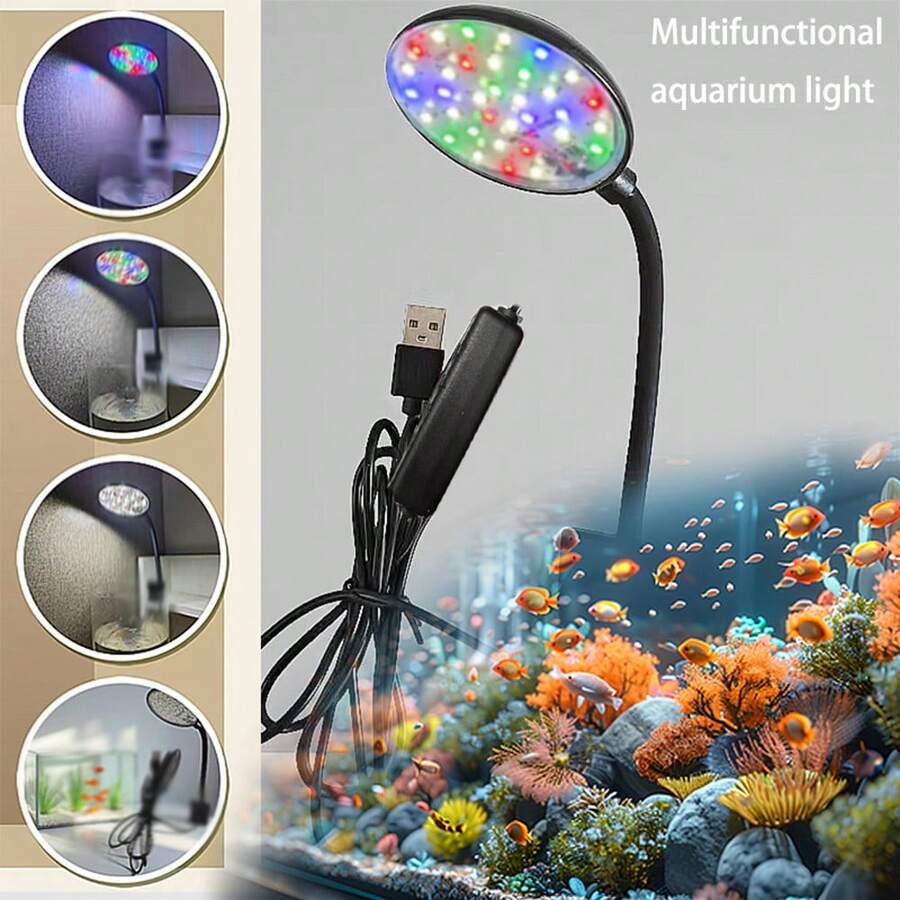 USB定时器3小时/9小时/12小时夹式鱼缸灯水族箱照明，三种照明模式和多种亮度级别，适用于室内圆形和方形水族箱照明，夹子厚度0.7厘米/0.27英寸。 - 黑色 - 查看 1