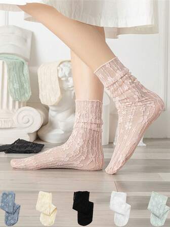 Women Sexy Lace Flower Fashion Ultra-Thin Transparent Hollow Out Mesh Socks Summer Japan Style Harajuku Long Socks