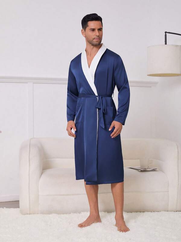 Men's Silky Satin Long Pyjamas – Luxurious Design With White Trim, Tie-Waist For A Comfortable Fit – Comfortable Pyjamas And Loungewear