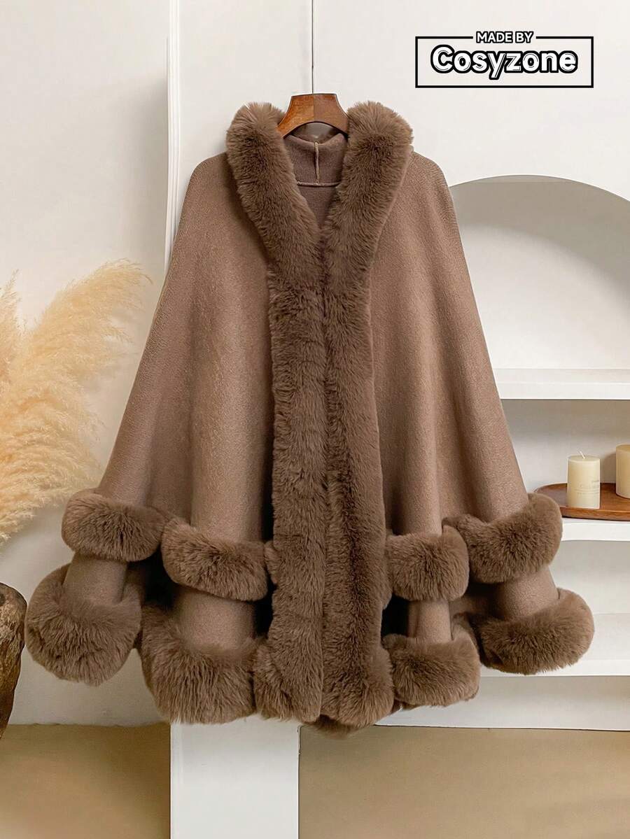 一件优雅纯色仿兔毛领连帽针织斗篷披肩，时尚百搭，加厚保暖宽松开衫外套，适合日常穿着，秋冬季节皆宜。 - 棕色 - 查看 1