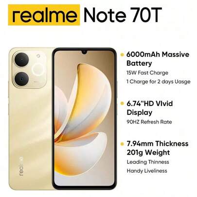  Realme Note 70T 4G Smartphone sbloccato 4 GB + 64 GB / 4 GB + 128 GB / 4 GB + 256 GB, smartphone Android, fotocamera AI da 50 MP, display a 90 Hz con sensore di luce, batteria di grandi dimensioni da 6000 mAh, ricarica rapida da 15 W, chipset octa-core, adattatore non incluso