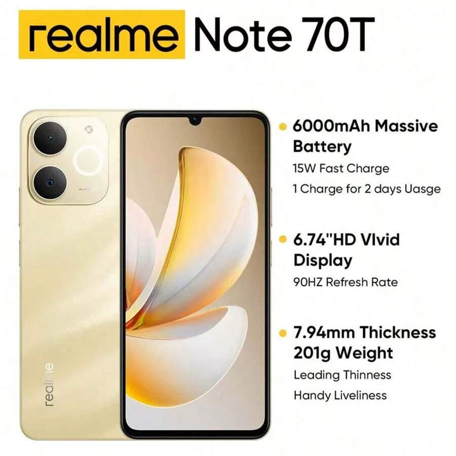 Realme Note 70T 4G Unlocked Smartphone 4GB+64GB/4GB+128GB/4GB+256GB , Android Smartphone, 50MP AI Camera, 90Hz Display With Light Sensor, 6000mAh Large Battery, 15W Fast Charging, Octa-Core Chipset, No Adapter Included - 金色 - 查看 1