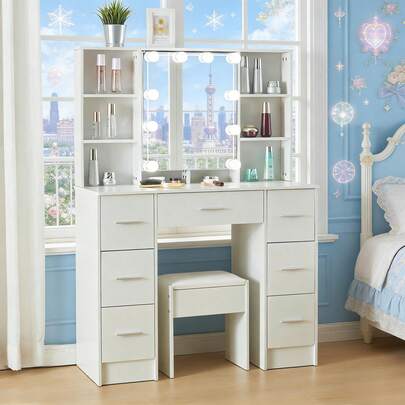 Large Dressing Table Stool Vanity Makeup With 7 Drawer And 10 LED Lighted Mirror - Perfect For Organizing Makeup, Skincare, Elegant Vanity|Decorative Vanity, Vanity Furniture, Compact For Small Space, Bedroom Decor Gift , Suitable For Christmas And Halloween Decorations