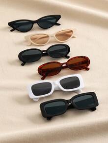 6pcs Women's Plastic Square & Oval Cat Eye Frame Fashion Sunglasses, Suitable For Outdoor Travel, Beach, Rave Party, Daily Wear - 6PCS 黑白灰米白茶 - 查看 3