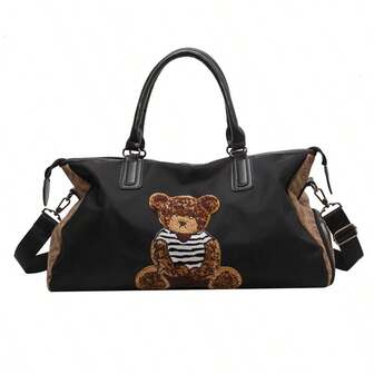 Cute Animal Embroidered Bear Handbag, Women Large Capacity Travel Tote Bag, Short Trip Luggage Bag, Waterproof Separation Compartment, Lightweight Student Men Multifunctional Fitness Bag, Business Travel Messenger Bag