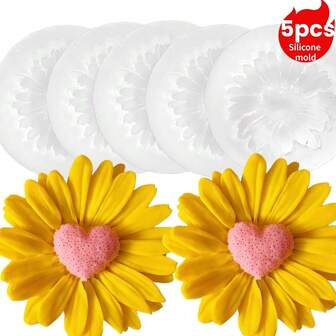 5个大号无孔心形和菊花蜡烛模具，适用于树脂、石膏、粘土、硅胶等材质，DIY手工工具，适合生日、情人节、母亲节、父亲节、感恩节家居装饰。