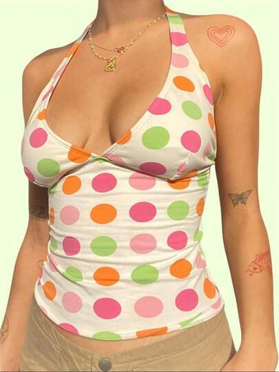 2026 Women Polka Dot Halter Top Sleeveless Cowl Neck Going Out Tank Tops Tie Up Backless Summer Going Out Beach Crop Tops