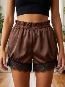 Women Shorts, Elastic Waist Lace Trim Summer Casual Shorts Streetwear For Casual Daily - màu nâu - Xem 1
