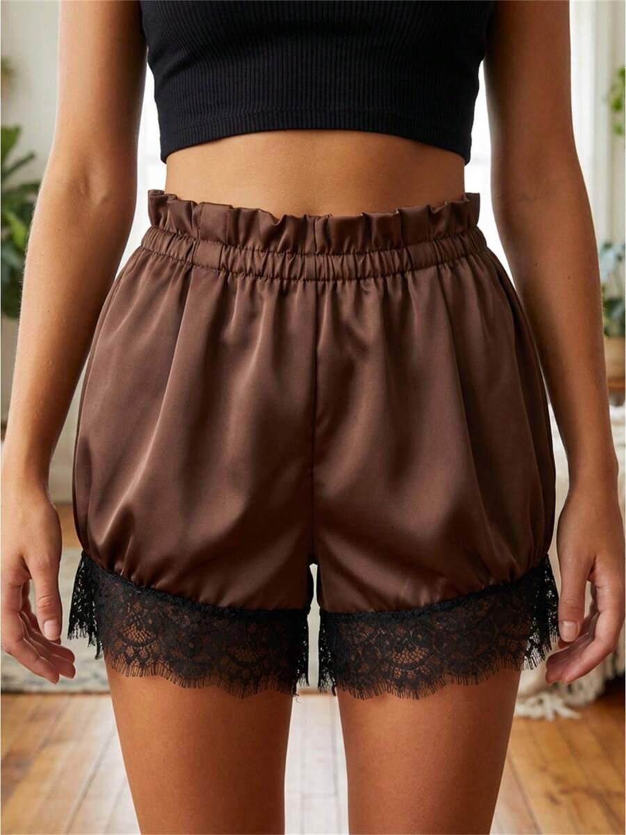 Women Shorts, Elastic Waist Lace Trim Summer Casual Shorts Streetwear For Casual Daily - màu nâu - Xem 1