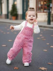 New Baby Girls Washed Denim Embroidered Casual Everyday Versatile Bib Overalls - Pink - View 3