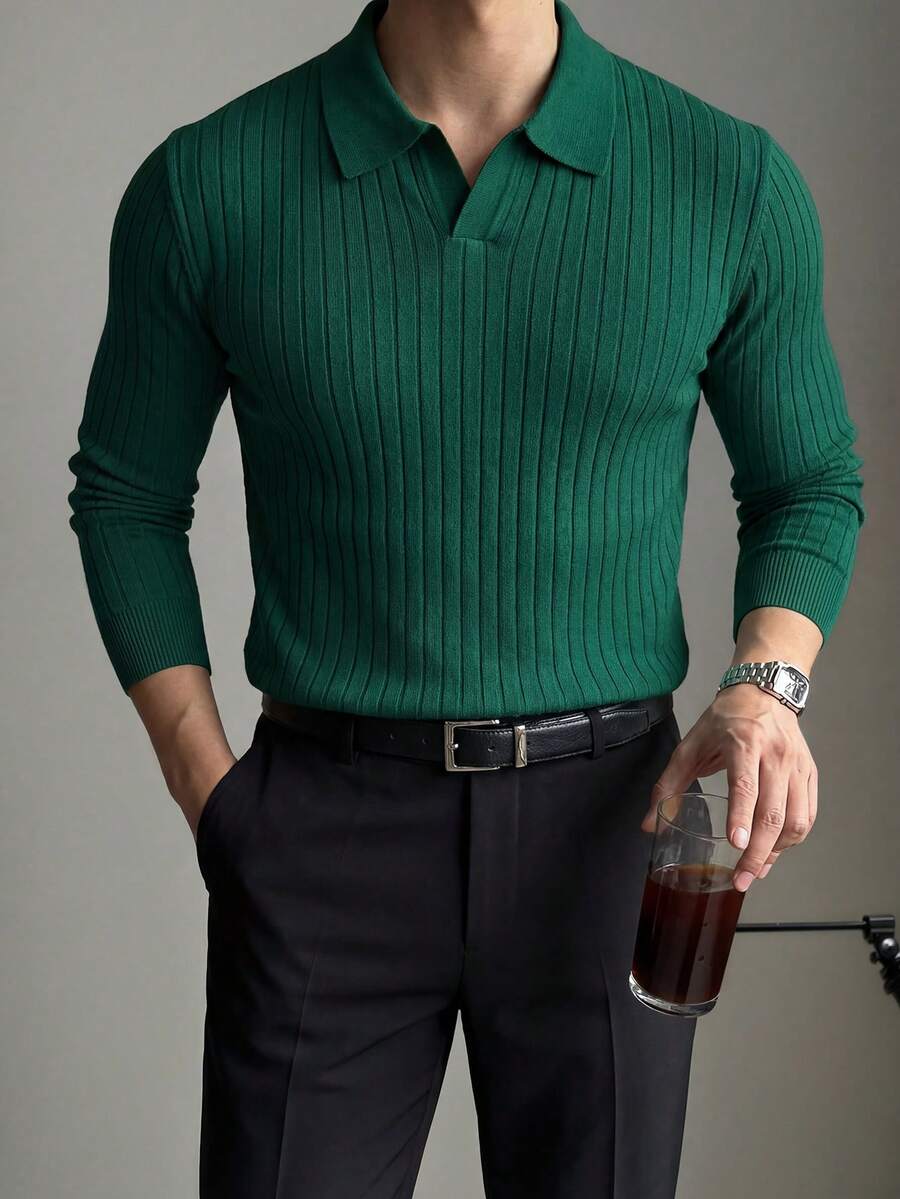Áo len nam dài tay, màu trơn, cổ bẻ, kiểu dáng đơn giản và dễ phối đồ. - Màu xanh lá cây đậm - Xem 1