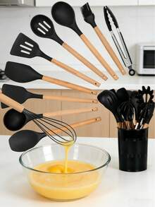 12pcs Silicone Kitchen Utensil Set With Holder, Heat Resistant Cooking Utensils For Nonstick Cookware, Black Wooden Handle Kitchen Tool Set, Father's Day Gift - Black - View 7