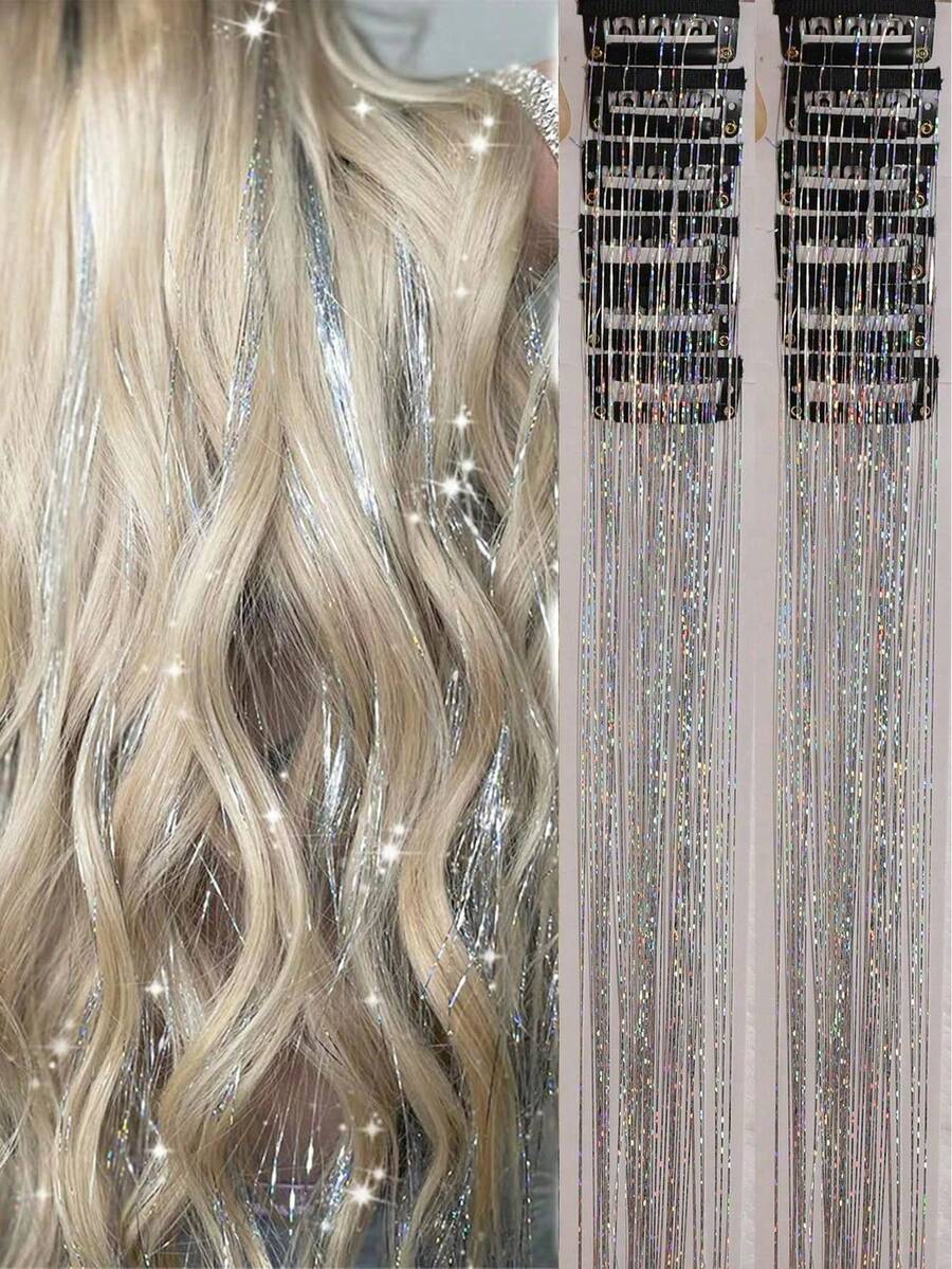 12pcs Mid-Length Straight Synthetic Hair Clips, Fashion Party Gift For Women, 12pcs Colorful Glitter Hair Extensions 20 Inch, Holiday Gift Hair Clips Shiny Hair Accessories - Multicolor - View 1