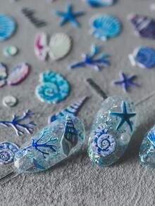 1片蓝色贝壳海螺珊瑚扇贝和海星海洋5D美甲贴纸航海海滩主题自粘美甲艺术，适合女性和女孩的海岸夏季美甲装饰美甲用品 - 彩色 - 查看 4