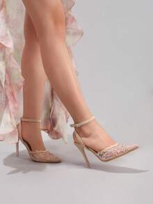 时尚蕾丝刺绣高跟鞋，性感尖头超高跟派对鞋，婚礼仪式女士细高跟凉鞋 - 杏色 - 查看 8