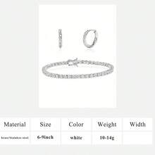 MDFUN 18K镀白金网球手链耳环套装,3毫米圆形立方氧化锆网球手链,8毫米不锈钢小耳环,男女皆宜 - 白色 - 查看 16