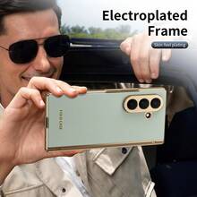 真皮一体式电镀材质仿皮全包覆保护手机壳，兼容三星 Galaxy Z Fold 7 6 5 4 Fold7 Fold6 Fold5 Fold4，附赠钢化玻璃屏幕保护膜，春季礼物 - 青色 - 查看 9