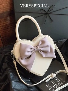 1件酒红色、樱桃红色、心形丝带蝴蝶结装饰可爱韩版女士单肩包、时尚斜挎包，是送给女朋友的理想情人节礼物 - 白色 - 查看 2