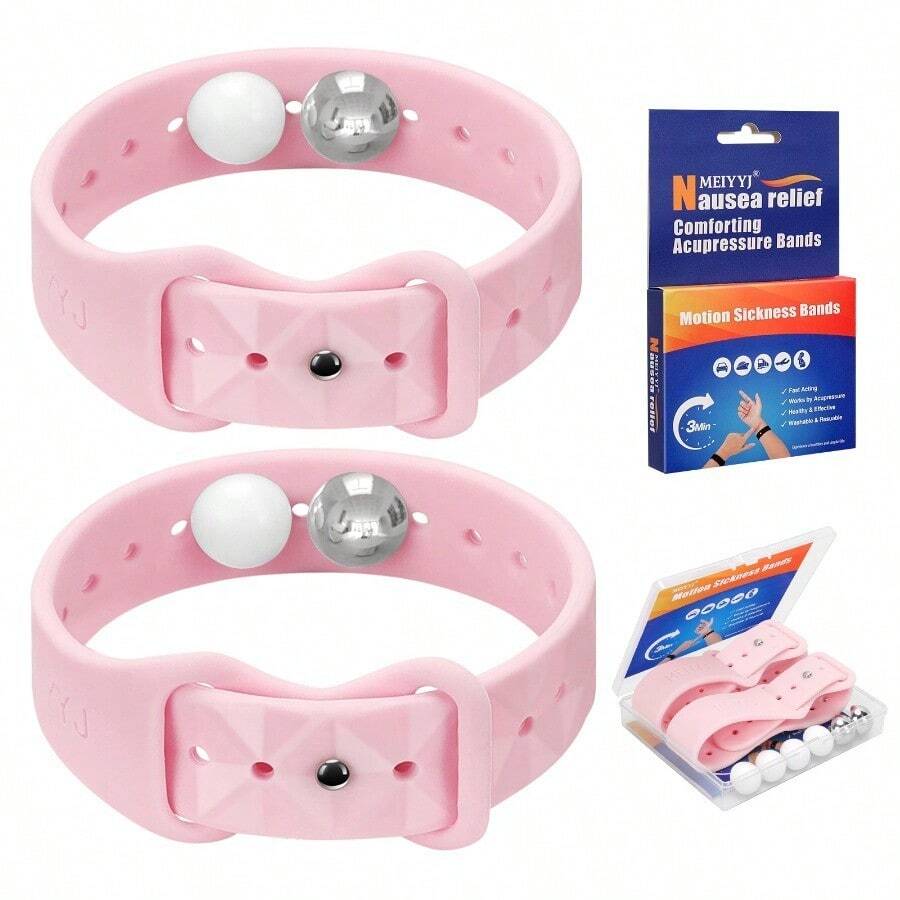 MEIYYJ 1 Pair/2pcs Anti-Motion Sickness Wristbands, Silicone Double-Clip Bracelets, Ergonomic Design - Pink - View 1