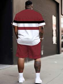 2pcs Plus Size Men Street Hip Hop Set, Burgundy Contrast Stripe Short Sleeve T-Shirt + Loose Casual Shorts With Horse Print Summer Sports - Red - View 2