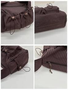 新款格子抽绳云朵褶皱单肩包/斜挎包，女士大容量，宽肩带，拉链封口，双口袋，抽绳设计 - 咖啡 - 查看 5