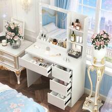 Large Dressing Table Dresser Vanity Set + 10LED Bulbs Mirror For Christmas Gifts - White - View 3