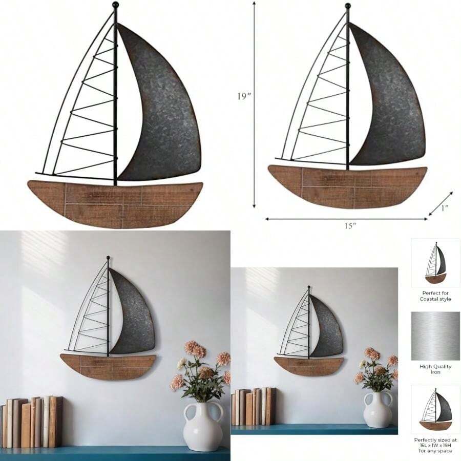 Sagebrook Home Metal, decoración de pared de barco de 19 pulgadas de alto, café, velero, hierro, contemporáneo, 15 pulgadas de largo x 1 pulgadas de ancho x 19 pulgadas de alto, dos tonos(default) - Multicolor - Ver 1