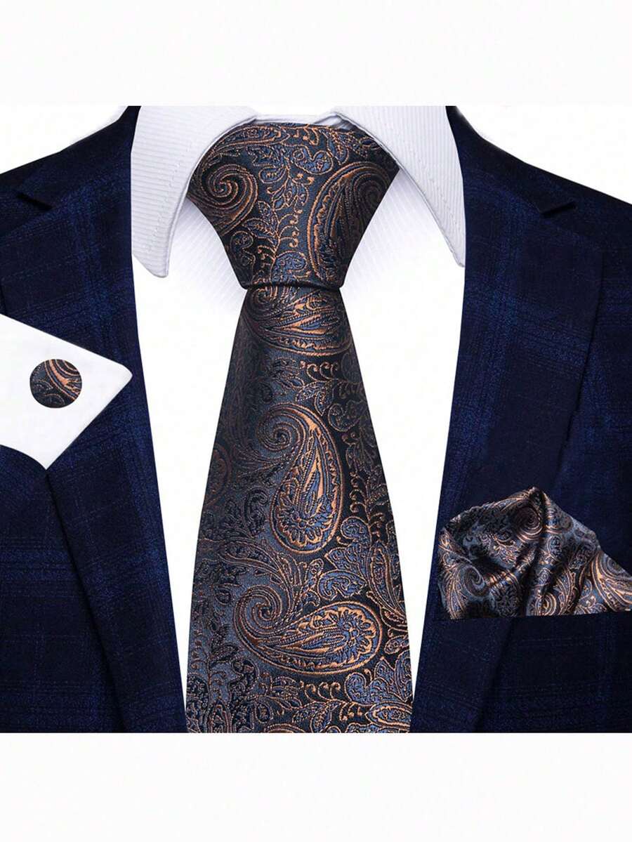 1 Set Brown Paisley Necktie, Pocket Square, Cufflinks, Men's Business/Office Tie, Suitable For Party, Wedding, Gift - Color Mixing - View 1