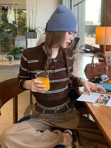 Y6Y 2025新款秋冬棕色条纹Polo针织衫，撞色长袖套头衫，女士