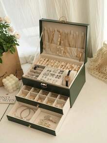 1pc 3-Tier Jewelry Storage Box, Watch Organizer, Earring Holder, Necklace Display, Bracelet Tray, Ring Case, Large Capacity 3-Layer Jewelry Box With Lock, Space-Saving Earring & Accessory Storage Box