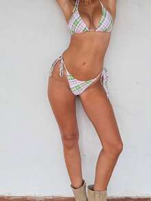 Women's Triangle Halter Bikini Set, High-Cut Design With Tie Closures, Two-Piece Plaid Print Swimsuit, String Bikini Swimwear. - 綠色 - 查看 4