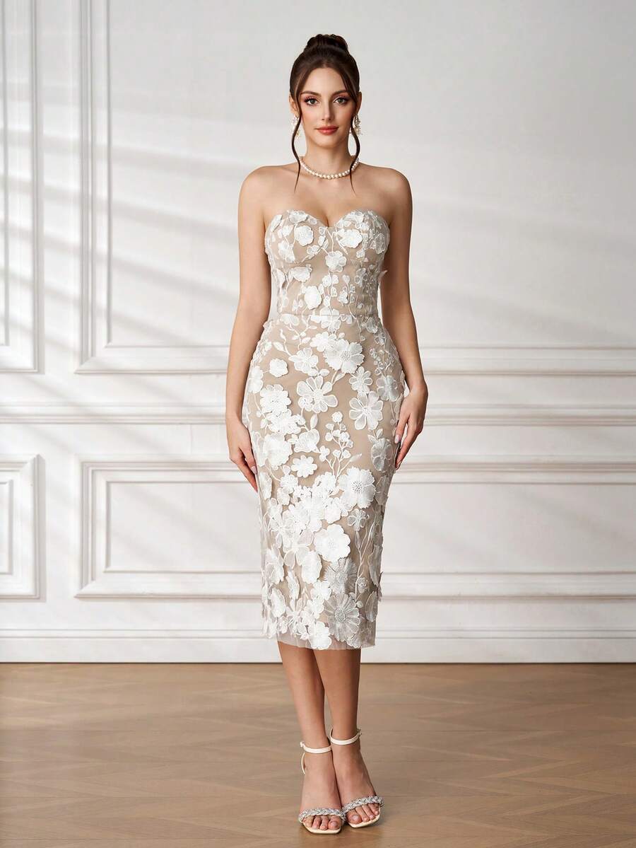 Floral Embroidered Backless Bodycon Dress, Elegant Luxury Evening Gown