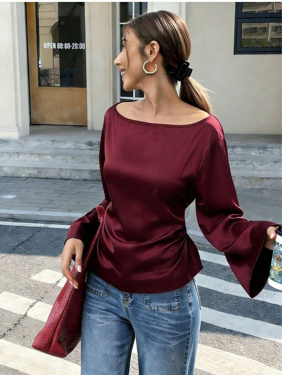 Nouvelle blouse élégante et romantique pour femmes, style casual urbain, col rond, manches chauve-souris longues, taille avec lien, coupe régulière. Convient pour les enseignantes, le printemps/été/automne, l'aéroport, les sorties, les vacances, les occasions décontractées - Rouge foncé - Voir 1