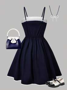 This Elegant And Fashionable Summer Girls' Dress Features A Classic Black And White Color Block Design With A Bow Shoulder Strap. Suitable For Birthday, Party, Daily Outdoor Travel, And Also Makes A Great Gift For Children. - Royal Blue - View 2