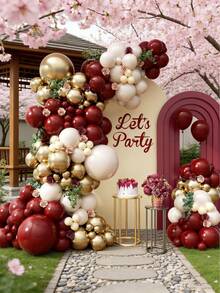 158件套酒红色气球拱门套装，包含各种尺寸的金色金属气球和酒红色珍珠乳胶气球，适用于毕业典礼、结婚纪念日、生日派对、迎婴派对、情人节派对装饰。 - 彩色 - 查看 4