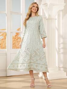 ASBB 重工刺繡金色亮片阿拉伯女款 JALABIYA 圓領金色領結綠色優雅洋裝，2026年秋季派對度假休閒穿著 - 薄荷綠 - 查看 8