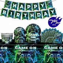 Blue & Green Lightning Gamer Birthday Party Disposable Plates, Napkins, Cups, Tablecloth And Banner Set, Serves 16 Guests, Suitable For Birthday, Wedding, Theme Party, Family Picnic - Multicolor - View 1