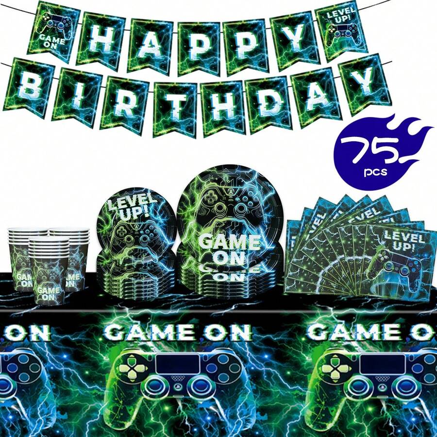 Blue & Green Lightning Gamer Birthday Party Disposable Plates, Napkins, Cups, Tablecloth And Banner Set, Serves 16 Guests, Suitable For Birthday, Wedding, Theme Party, Family Picnic - Multicolor - View 1