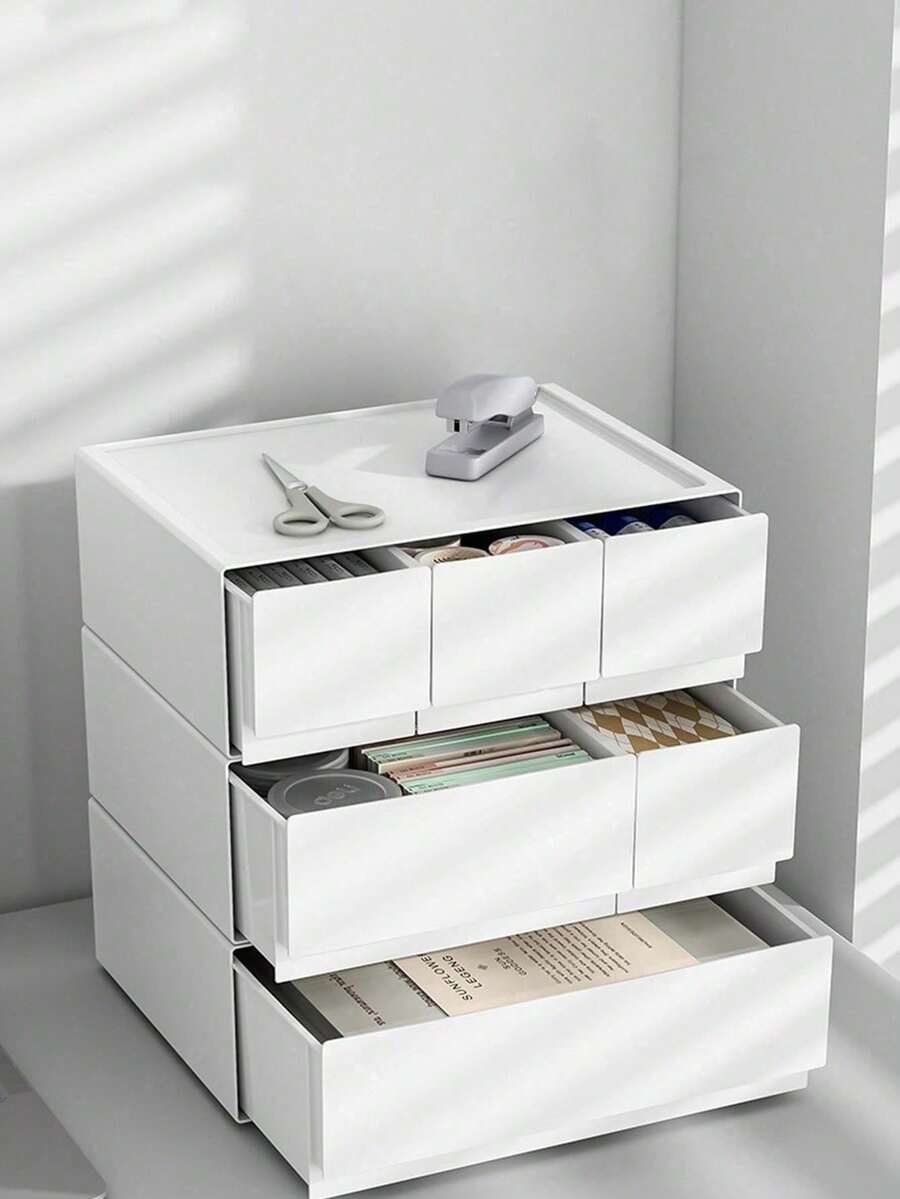 1pc 2/3 Drawer Desktop Storage Box, Plastic Organizer Box For Bathroom, Bedroom, Dorm, Makeup, Jewelry, Stackable - White - View 1