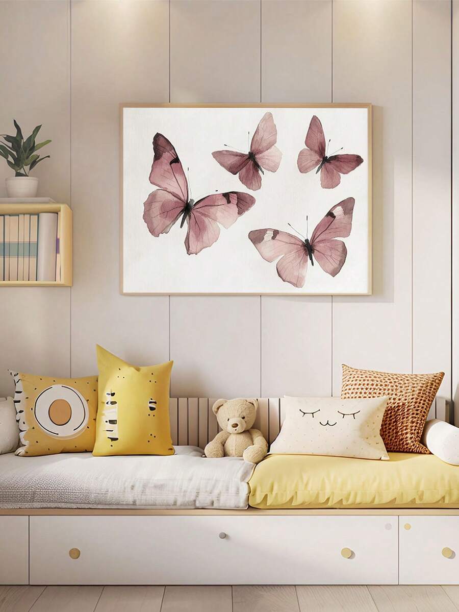 1pc Canvas Wall Art Butterfly Design _ Pink Watercolor Butterfly Painting _ Burgundy-Style Artwork _ Printable Wall Decor _ Girls' Room Decor Baby Room Supplies Girls' Bedroom Decorative Art - Framed Nursery Wall Art Perfect For Children's Room Decor, Playroom Decor Children's Room Decor Nursery Decor