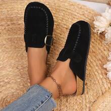 欧式麂皮穆勒拖鞋，搭扣系带休闲无后跟套脚乐福鞋，女士款 - 黑色 - 查看 3