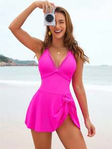 Deep V Halter Neck Swimdress - Tie Front One-Piece Womens Stylish Modest Swimwear - 玫紅色 - 查看 1